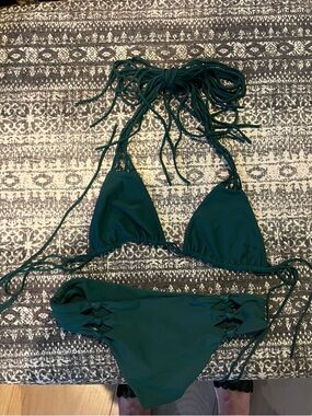 Mikoh Teal Green Triangle Bikini with Lattice Sides